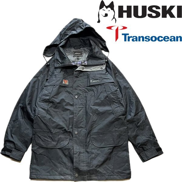 1点物◆HUSKI企業マウンテンパーカー黒ナイロンジャケット古着メンズMレディースOKアメカジ90sストリートスポーツブランドTransOcean362471_画像1