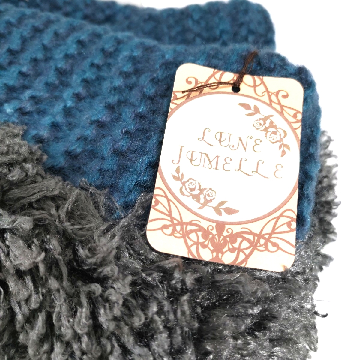 即決 新品タグ付 ボリュームたっぷり シャギー&ざっくり ニット 切替 スヌード マフラーストール 暖か グレー 青 送料無料_画像8