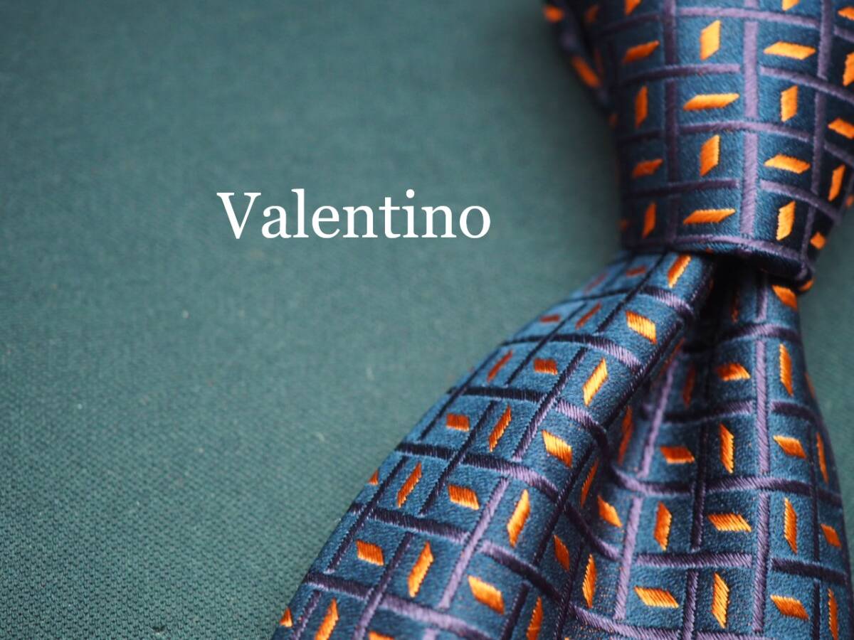 美品【VALENTINO ヴァレンティノ】 G1509 ネイビーオレンジ系 SILK ブランド ネクタイ 古着 良品 転売 仕入_画像1