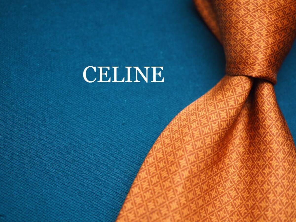 美品【CELINE セリーヌ】 G2076 ロゴ オレンジ系 SILK ブランド ネクタイ 古着 良品 転売 仕入_画像1
