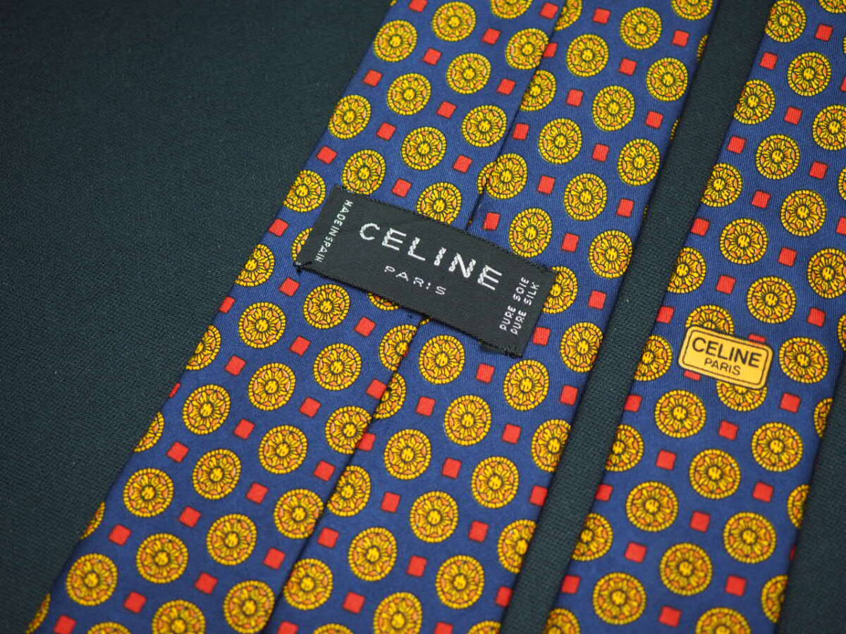 美品【CELINE セリーヌ】 G2176 SPAIN ネイビー黄系 SILK ブランド ネクタイ 古着 良品 転売 仕入_画像4