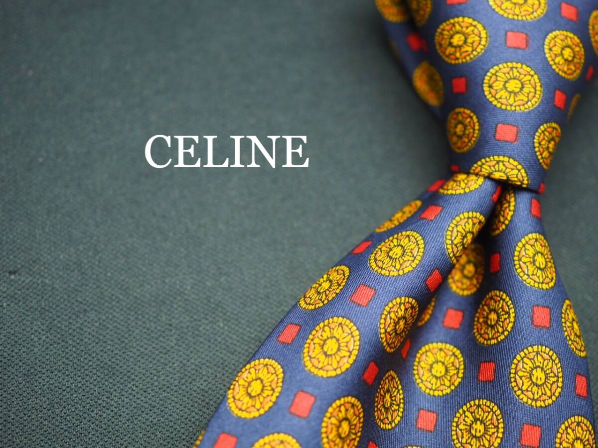 美品【CELINE セリーヌ】 G2176 SPAIN ネイビー黄系 SILK ブランド ネクタイ 古着 良品 転売 仕入_画像1