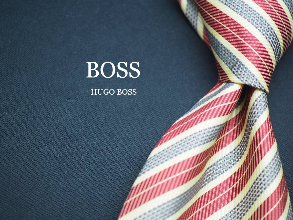 美品【HUGO BOSS ヒューゴ ボス】 G2216 アイボリー ワイン グレー系 SILK ブランド ネクタイ 古着 良品 転売 仕入_画像1