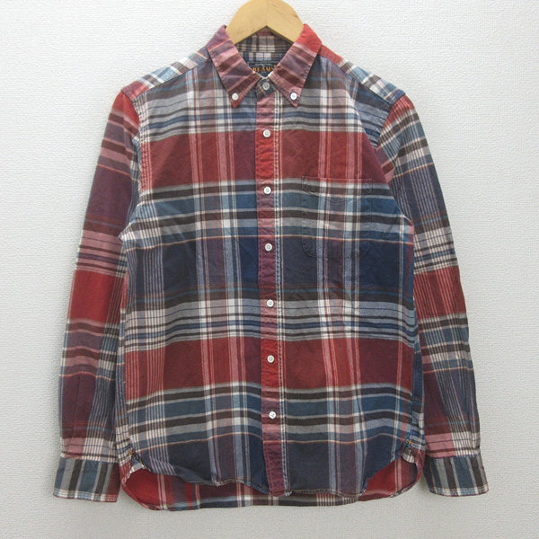 D■日本製■ビームス/BEAMS チェック柄 長袖BDシャツ【M】赤 青/MENS/83【中古】_画像1