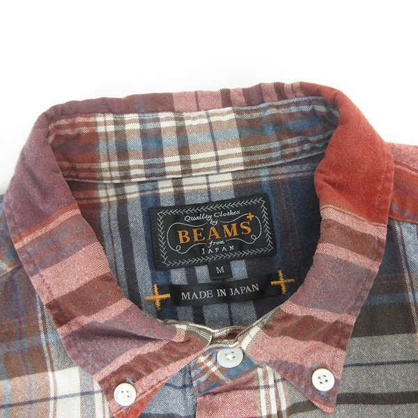 D■日本製■ビームス/BEAMS チェック柄 長袖BDシャツ【M】赤 青/MENS/83【中古】_画像2
