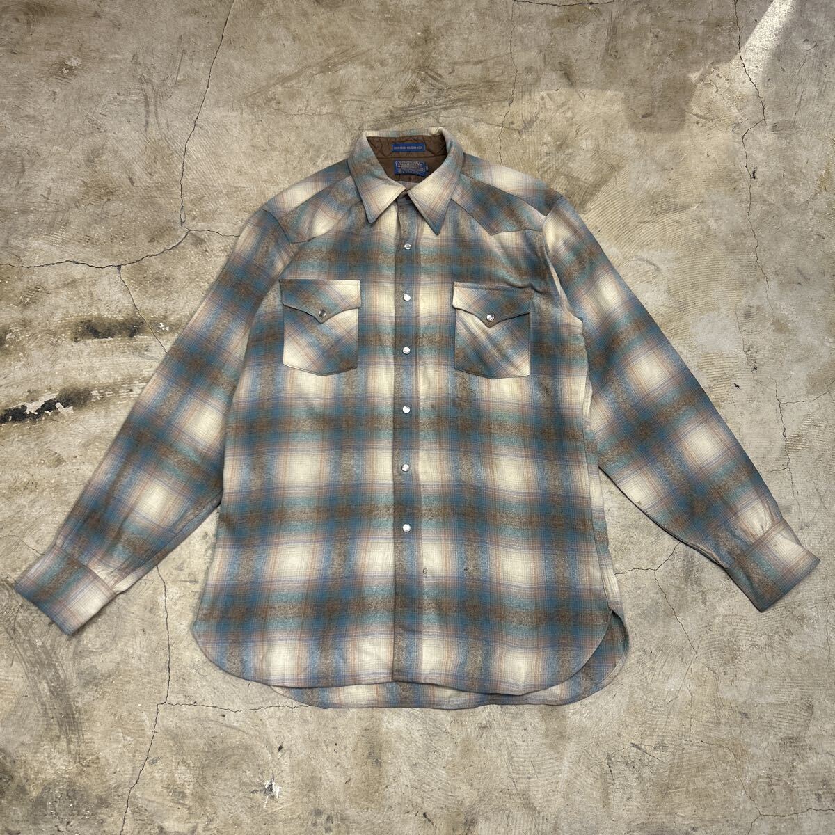 70s PENDLETON オンブレチェック ウールシャツ ウエスタン ペンドルトン ネルシャツ USA製 ヴィンテージ ビンテージ レア 古着 L ボロ 襤褸_画像1
