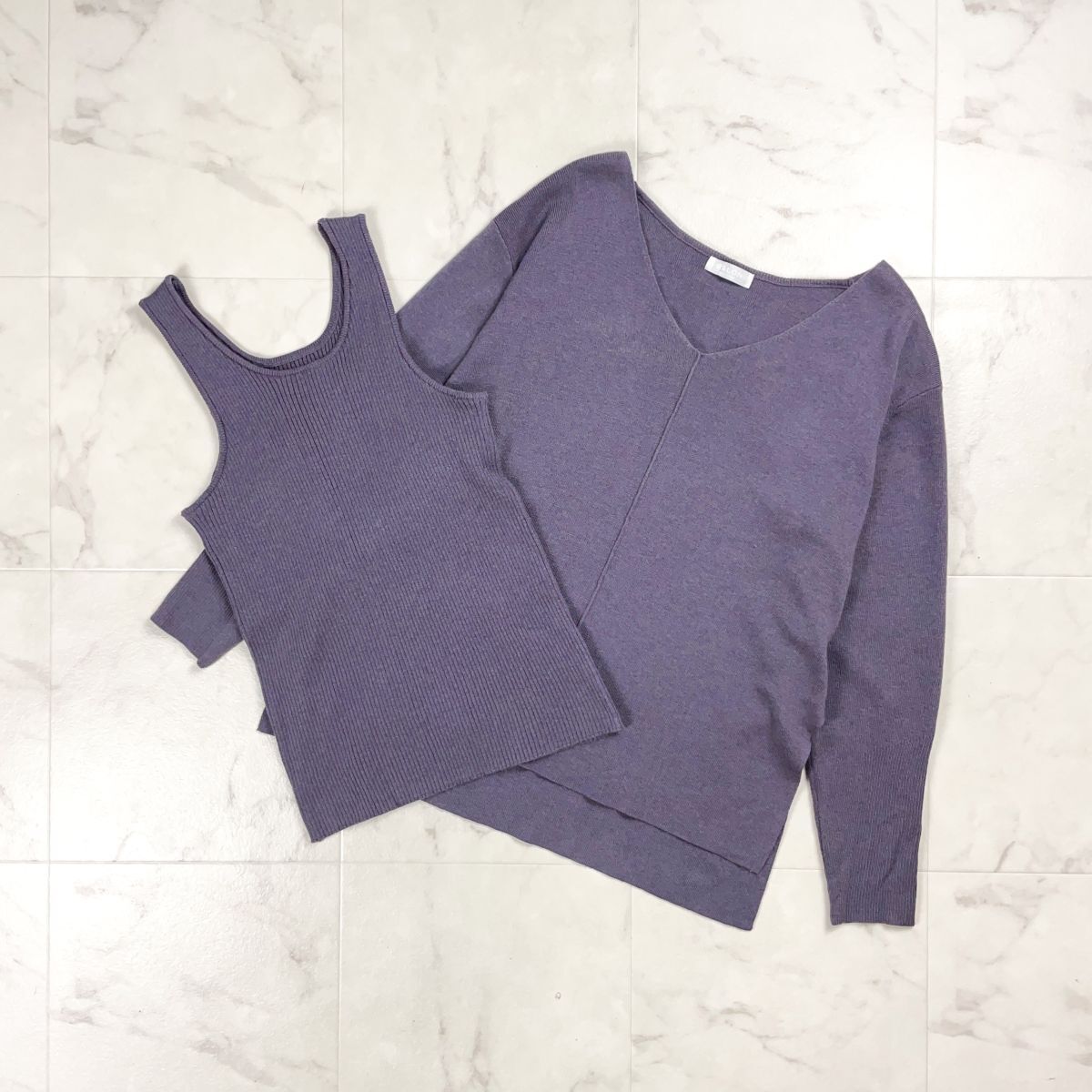 SALON adam et rope アダムエロペ アンサンブル ノースリーブリブニット 長袖Vネックセーター レディース 紫 くすみパープル サイズF*JD14_画像1