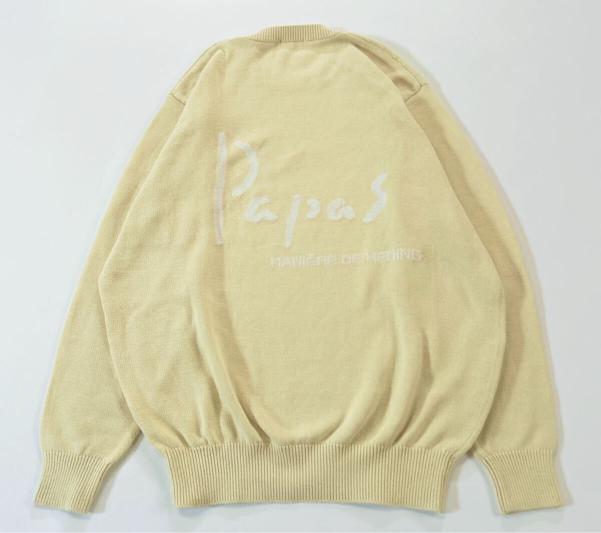 Papas パパス ビッグロゴ ニット セーター コットン100% イエロー 黄色 クルーネック M表記 L相当_画像9