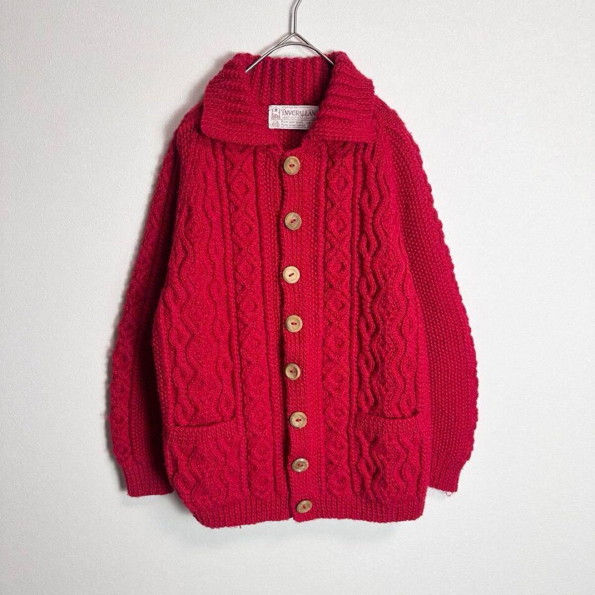 インバーアラン 茶タグ ランバーカーディガン スコットランド製 ハンドニット 3A INVERALLAN レッド 赤_画像1
