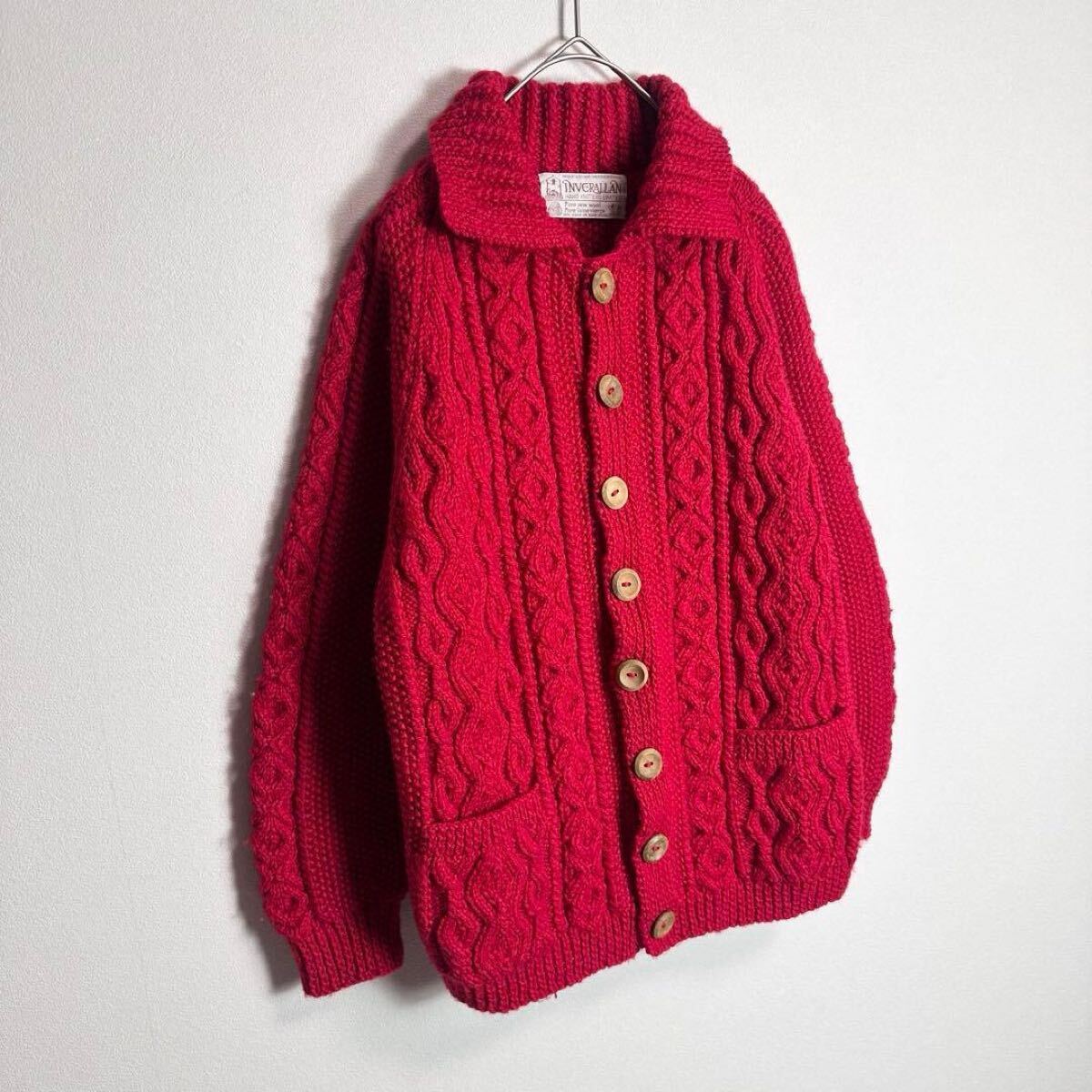 インバーアラン 茶タグ ランバーカーディガン スコットランド製 ハンドニット 3A INVERALLAN レッド 赤_画像4