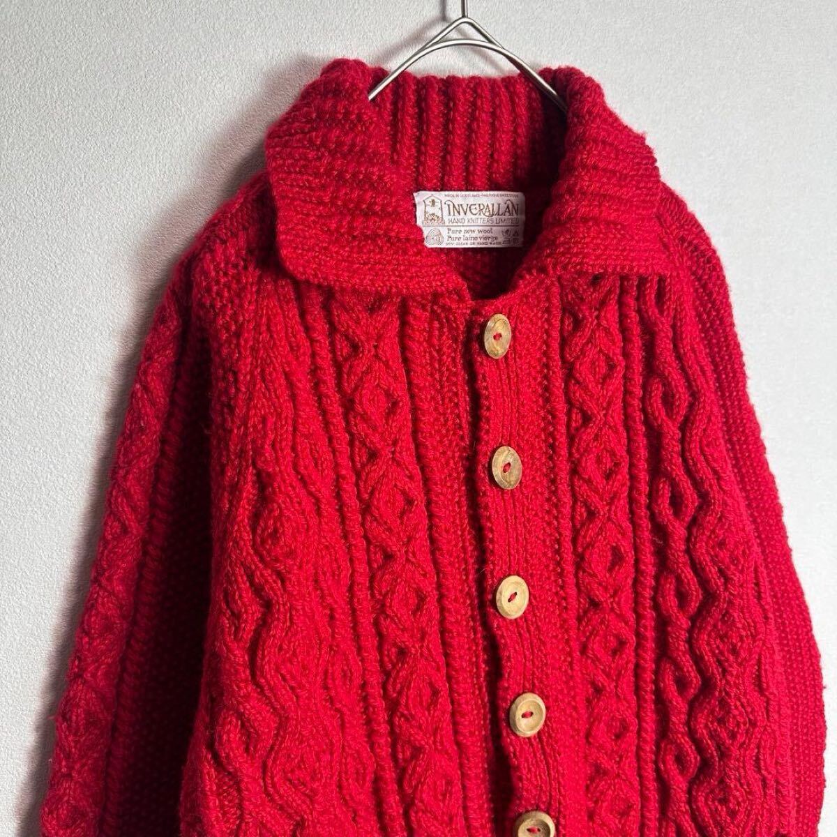 インバーアラン 茶タグ ランバーカーディガン スコットランド製 ハンドニット 3A INVERALLAN レッド 赤_画像5