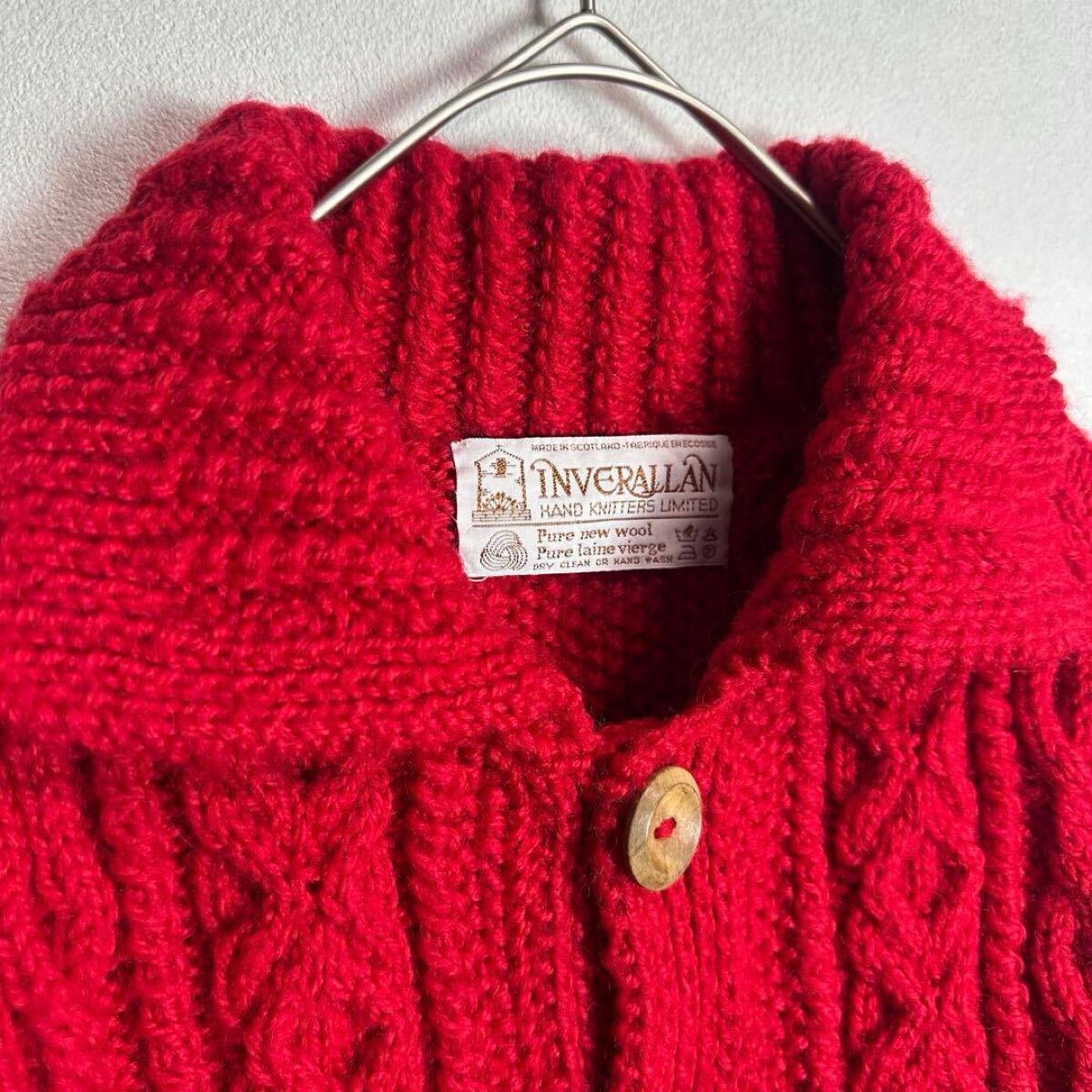 インバーアラン 茶タグ ランバーカーディガン スコットランド製 ハンドニット 3A INVERALLAN レッド 赤_画像6