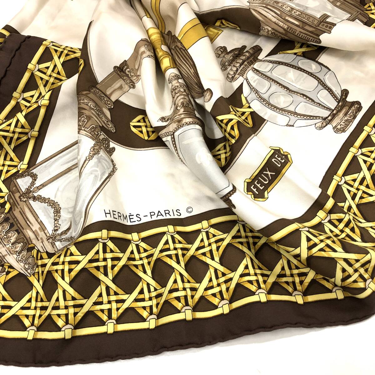TY2807■HERMES エルメス スカーフ カレ90 Feux de Route フゥ ドゥ ルート大判スカーフ ファッション小物 ブラウン系 ※タグなし_画像1