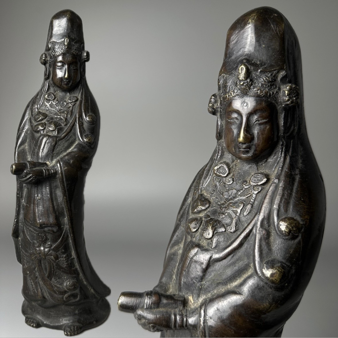 コレクター買取品 仏教美術 古銅製 観音菩薩像 29.5㎝ 白衣観音 仏像 立像 細密彫刻 銅器 金属工芸 飾物 置物 時代物_画像1