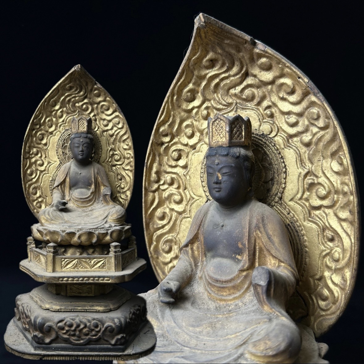 コレクター買取品 仏教美術 木彫 阿弥陀如来像 坐像 金彩 仏像 木製 木造 釈迦如来像 飾物 置物 時代物_画像1