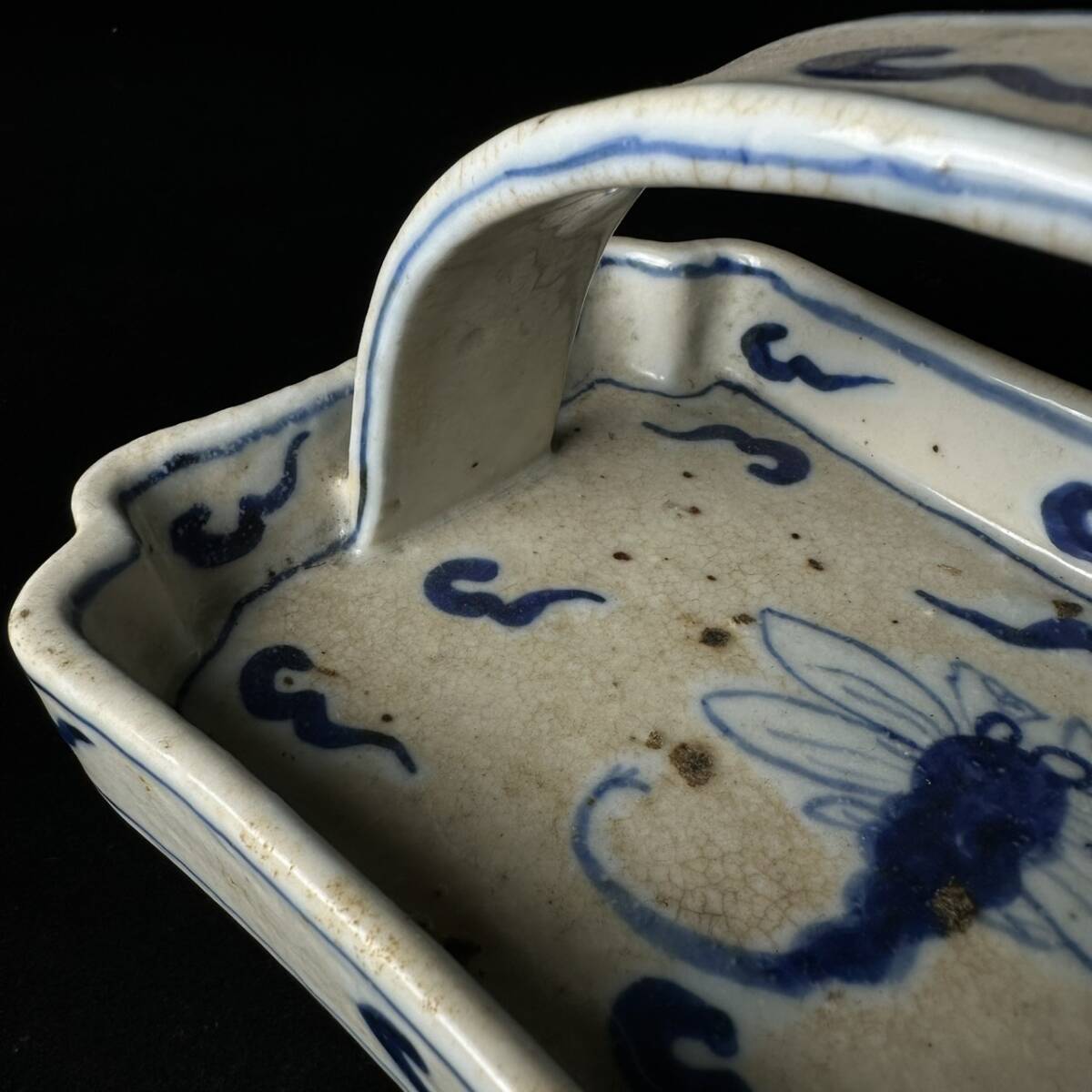 コレクター買取品 有田焼 古伊万里 染付 角手付鉢 取手付 茶道具 和食器 飾物 置物 時代物_画像7