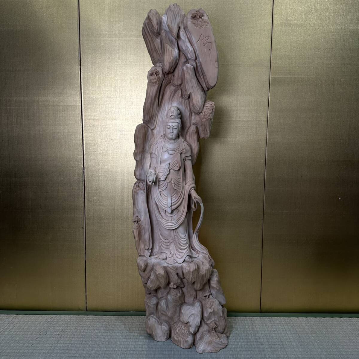 コレクター買取品 仏教美術 香檀木 木彫 特大 観音菩薩立像 100.5㎝ 仏像 地蔵様 天然木 【佛】 木製 木造 細密彫刻 飾物 置物 時代物_画像1