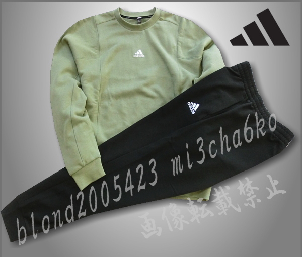 # новый товар [adidas] Adidas обе рука BIG Logo French Terry обратная сторона шерсть скорость . ткань вырез лодочкой длинный рукав футболка & брюки верх и низ #KH×BK(XL)