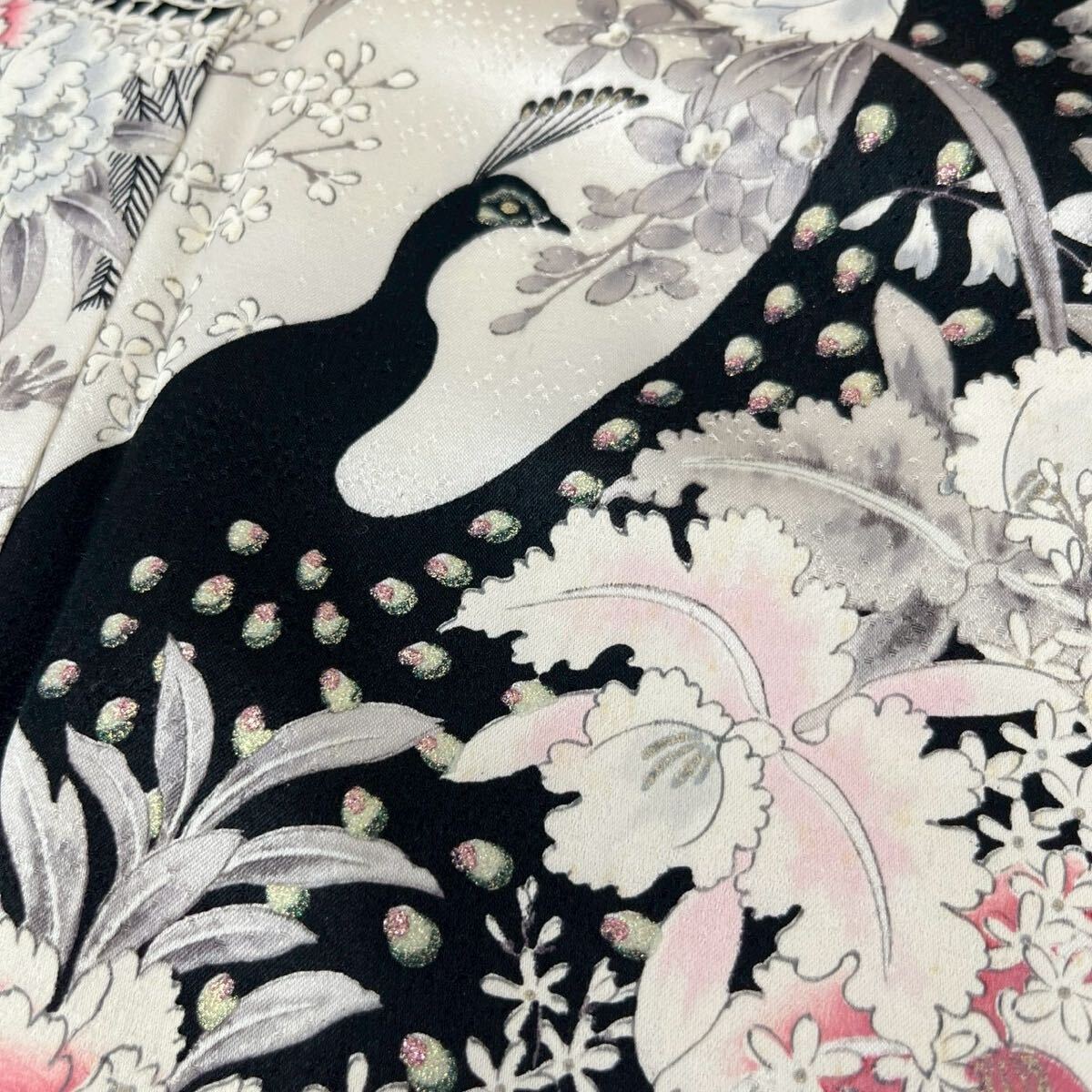 小紋 正絹 ラメ糸 孔雀の染め 美しい花 着物 F-1128の画像9