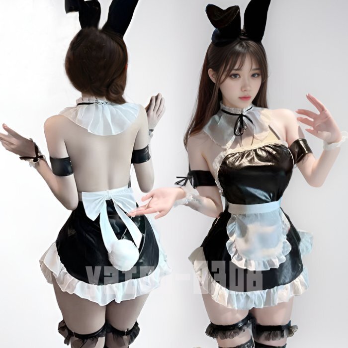 G515　コスプレウェア　フェイクレザー　ベビードール　ウサギ耳　エプロン　バニーガール　セクシーランジェリー　ナイトウエア_画像1