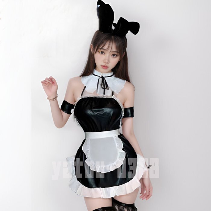 G515　コスプレウェア　フェイクレザー　ベビードール　ウサギ耳　エプロン　バニーガール　セクシーランジェリー　ナイトウエア_画像4