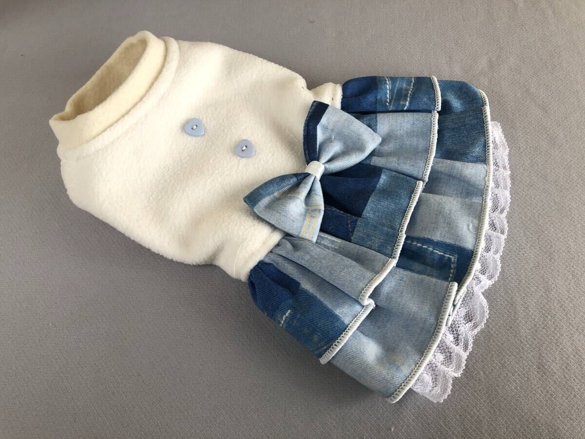 ◇胴30◇フリース◇デニムパッチ柄フリルスカートワンピ_画像1