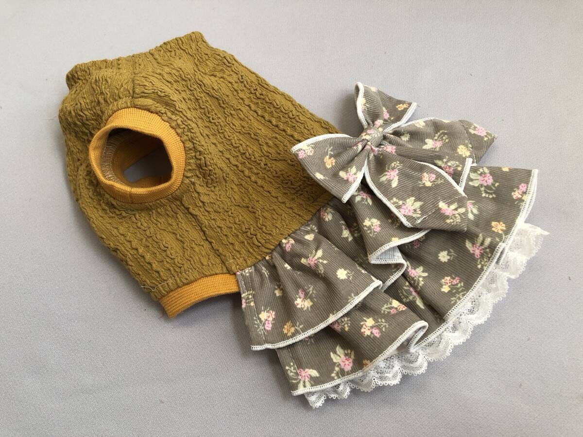 ◇胴34◇マスタード◇アランニット◇小花柄コールテンフリルスカートワンピ_画像2