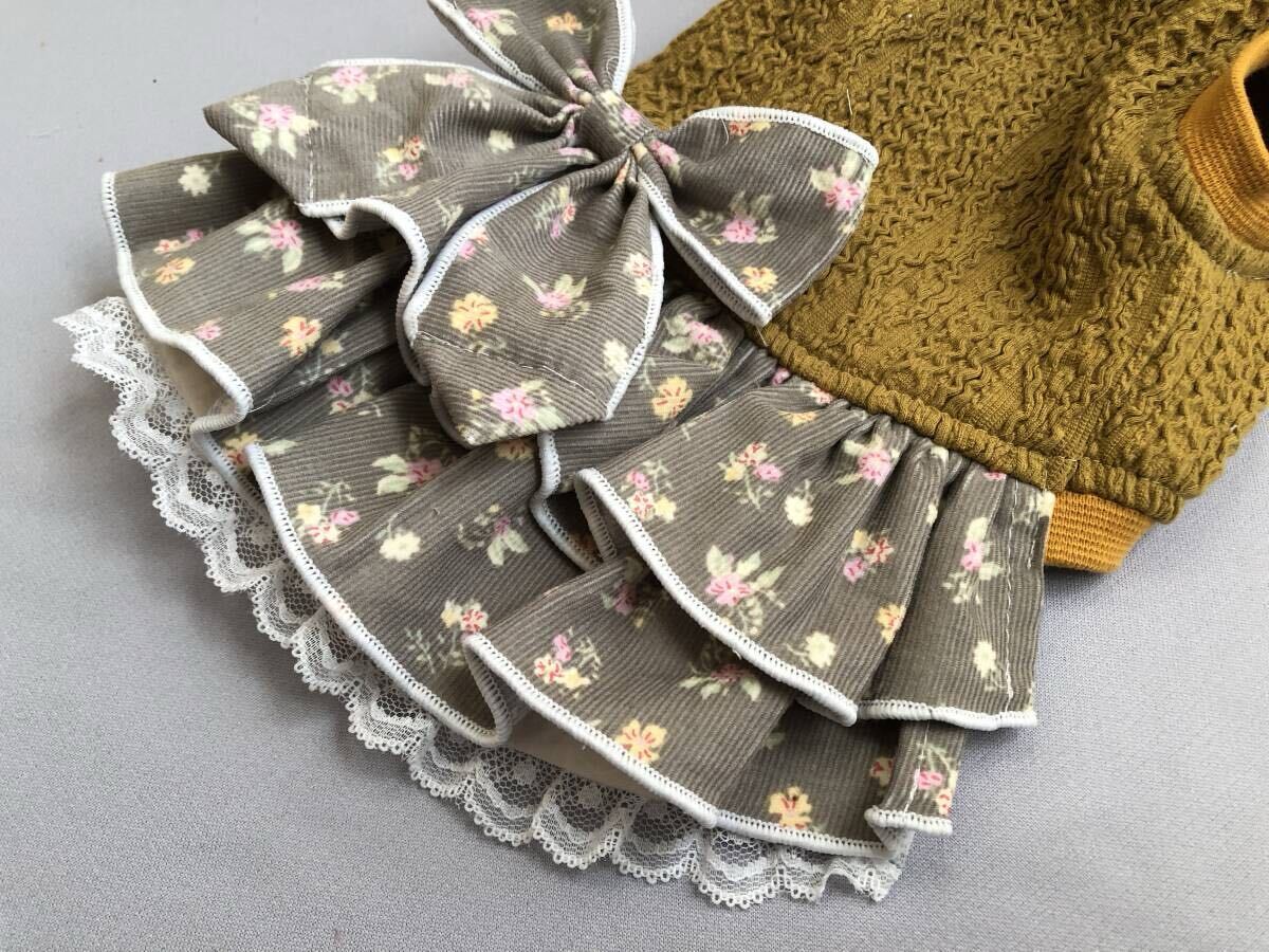 ◇胴34◇マスタード◇アランニット◇小花柄コールテンフリルスカートワンピ_画像6