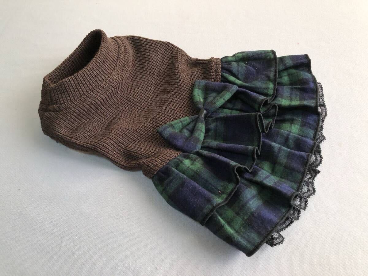 ◇胴34◇ブラウンニット◇ブラックウオッチ柄フリルスカートワンピ_画像1