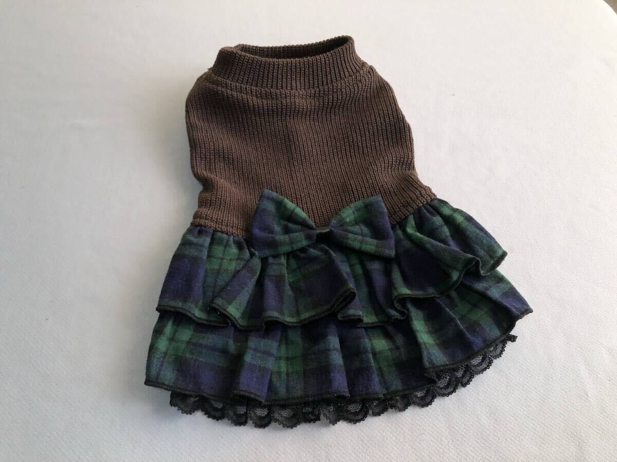 ◇胴34◇ブラウンニット◇ブラックウオッチ柄フリルスカートワンピ_画像3