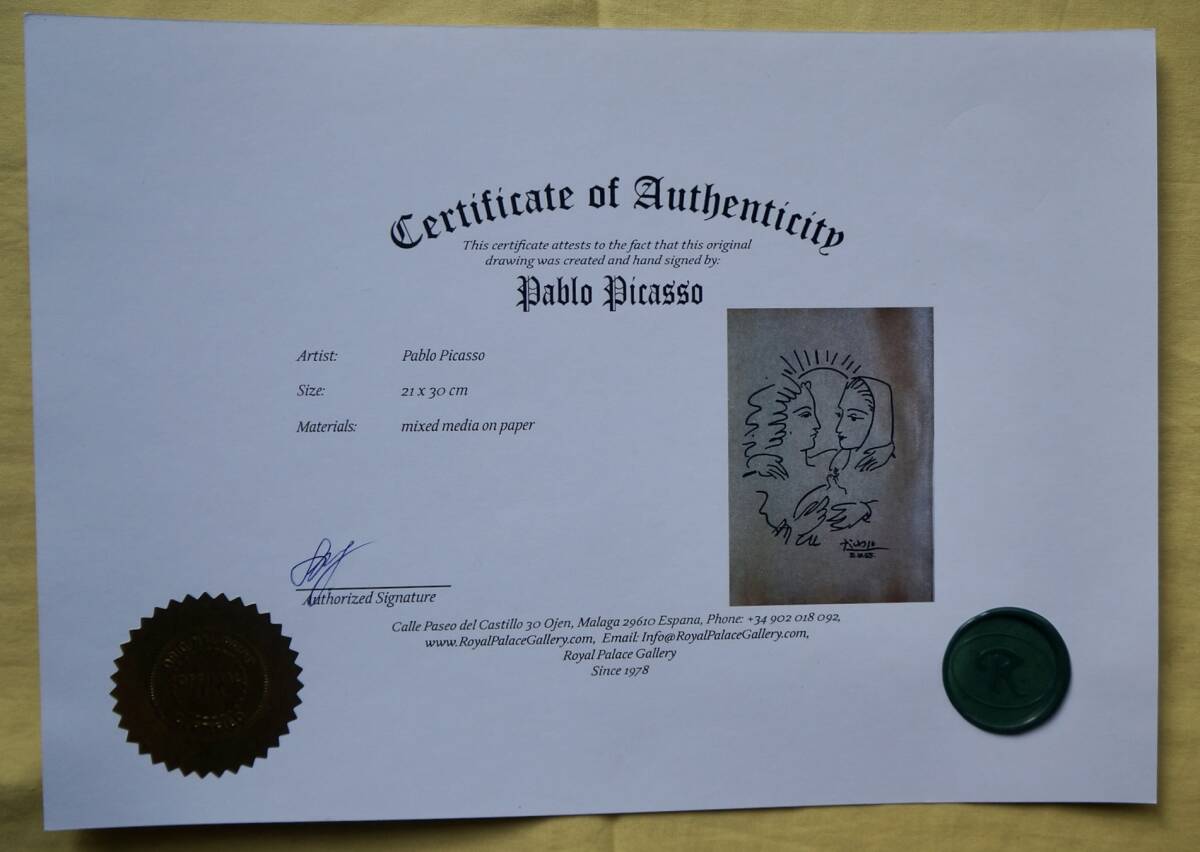 [Artworks]パブロ・ピカソ|2人の女性と鳩|肉筆|油彩|水彩|原画|スペイン老舗画廊証明書_画像9