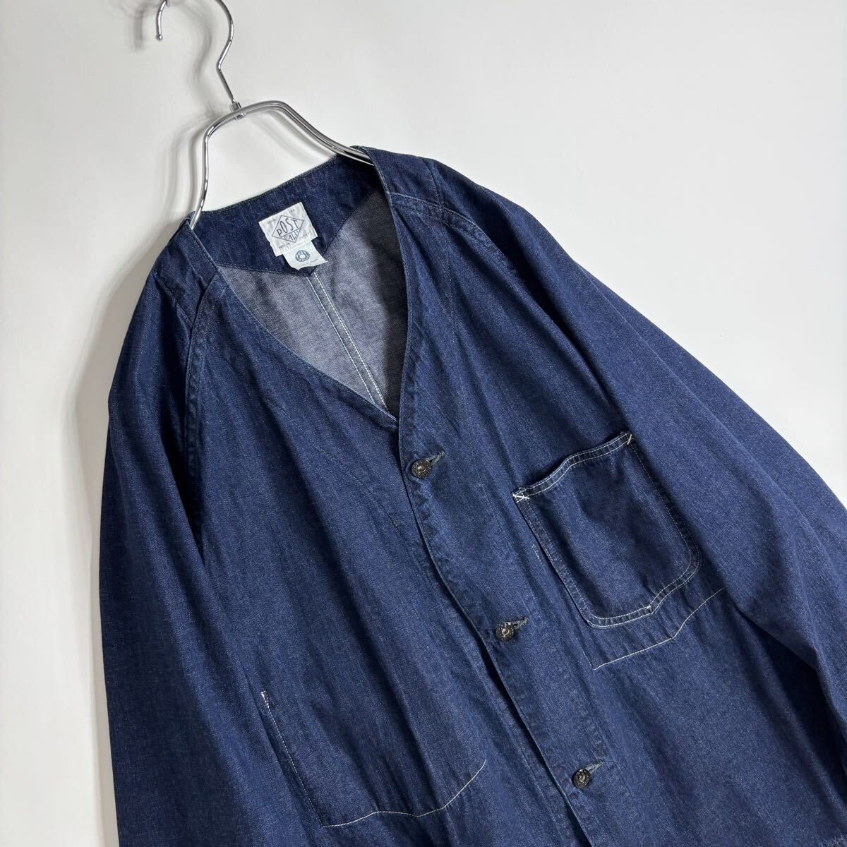 【美品】25SS POST O'ALLS POST 45 DV 8oz. Denim indigo Deep Wash ポストオーバーオールズ ノーカラー デニムカバーオール size L_画像5