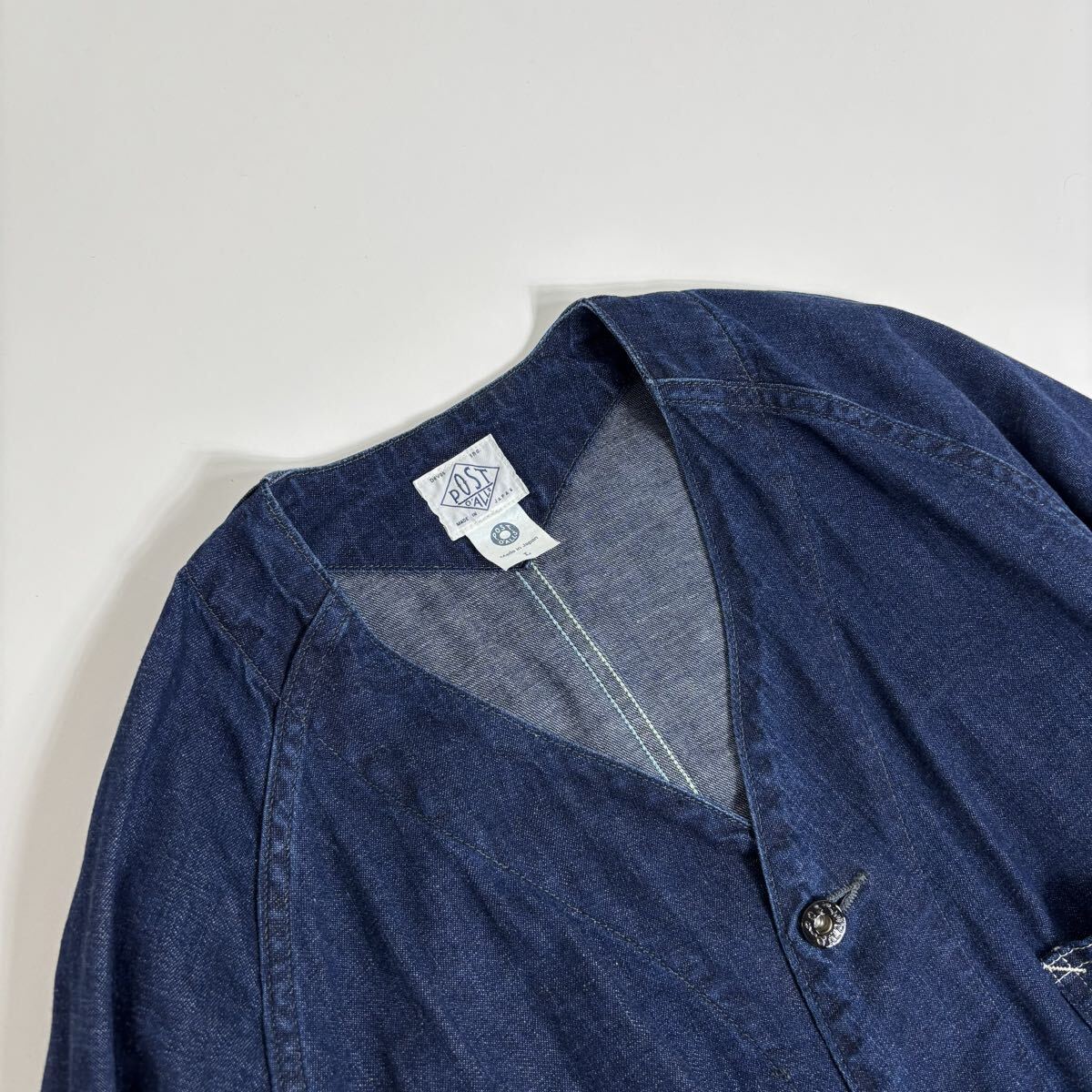 【美品】25SS POST O'ALLS POST 45 DV 8oz. Denim indigo Deep Wash ポストオーバーオールズ ノーカラー デニムカバーオール size L_画像9