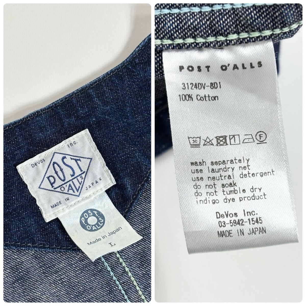 【美品】25SS POST O'ALLS POST 45 DV 8oz. Denim indigo Deep Wash ポストオーバーオールズ ノーカラー デニムカバーオール size L_画像10