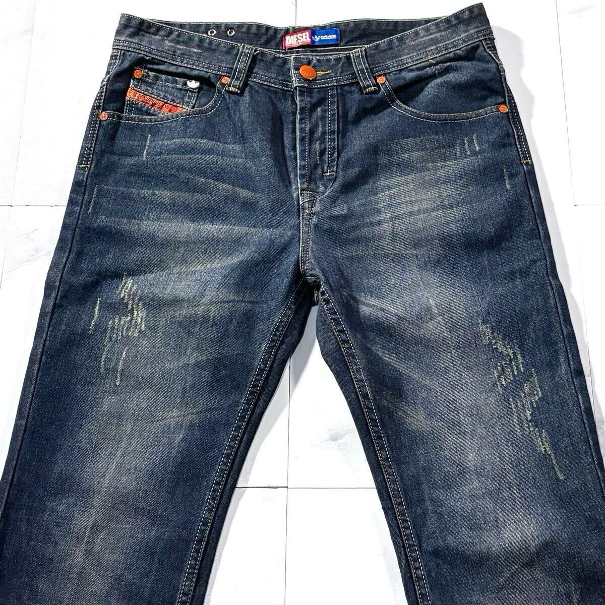 極美品/Lサイズ●激レア DIESEL adidas ディーゼル アディダス コラボ別注 デニム ジーンズ ジーパン パンツ オレンジ レザーロゴ 金具 w33_画像4