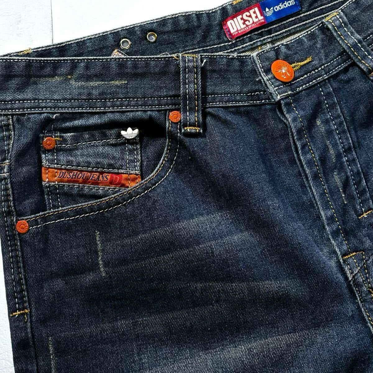 極美品/Lサイズ●激レア DIESEL adidas ディーゼル アディダス コラボ別注 デニム ジーンズ ジーパン パンツ オレンジ レザーロゴ 金具 w33_画像5