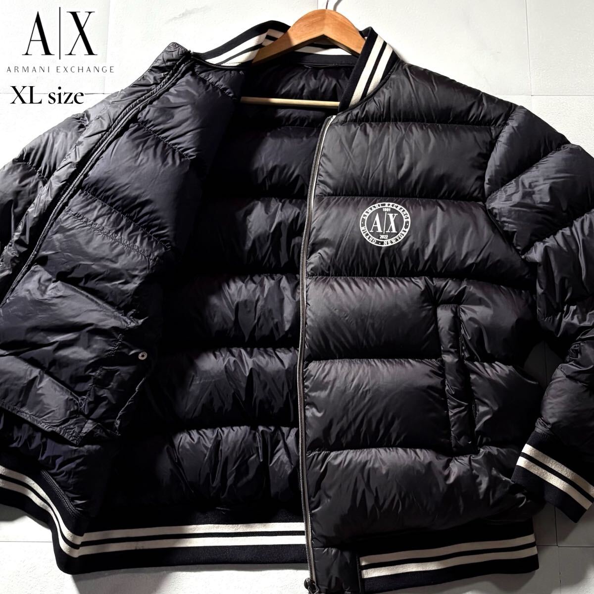 未使用級/XLサイズ●極暖 ARMANI EXCHANGE アルマーニ エクスチェンジ リアル ダウンジャケット スタジャン ダブルジップ AXロゴ 洗濯可_画像1
