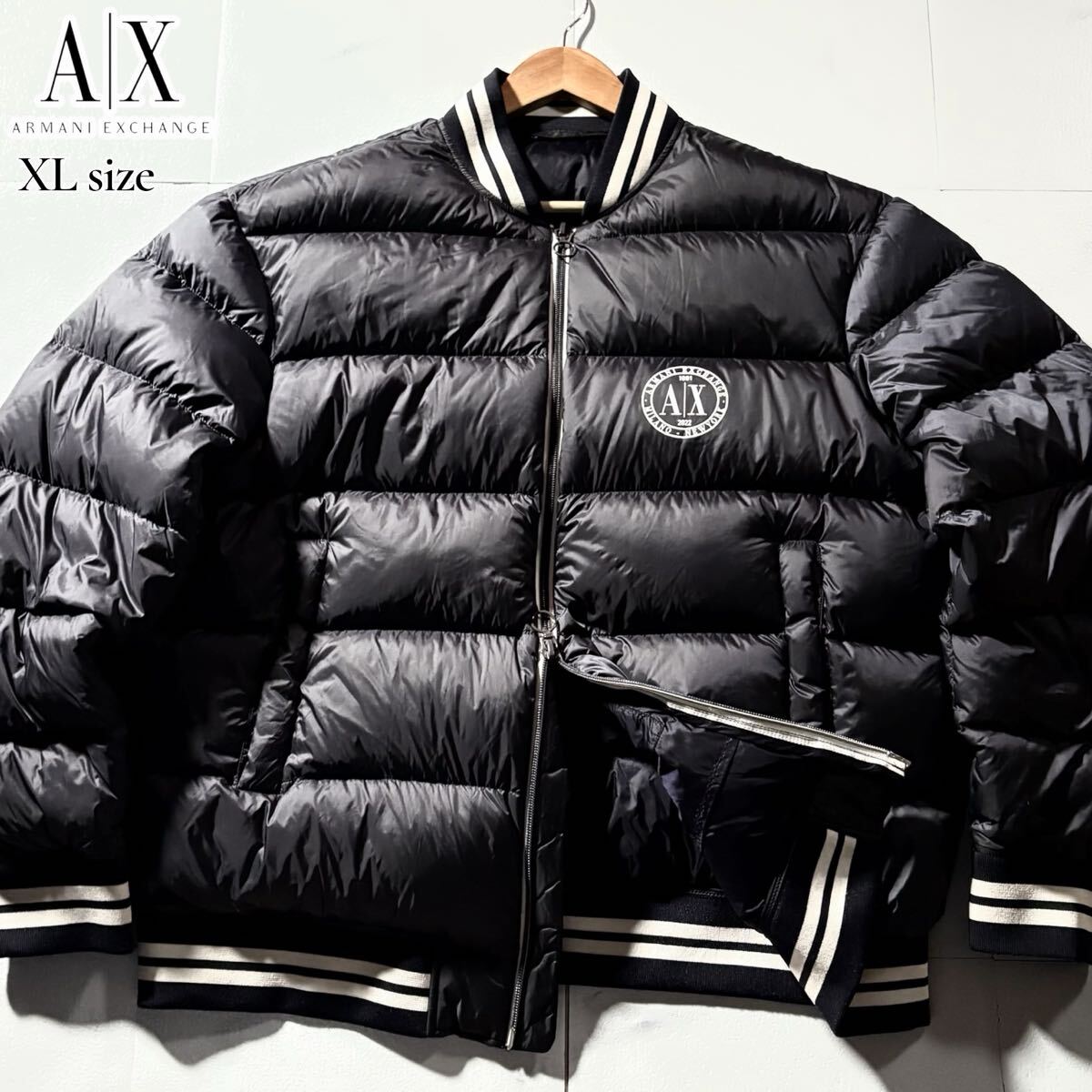 未使用級/XLサイズ●極暖 ARMANI EXCHANGE アルマーニ エクスチェンジ リアル ダウンジャケット スタジャン ダブルジップ AXロゴ 洗濯可_画像2