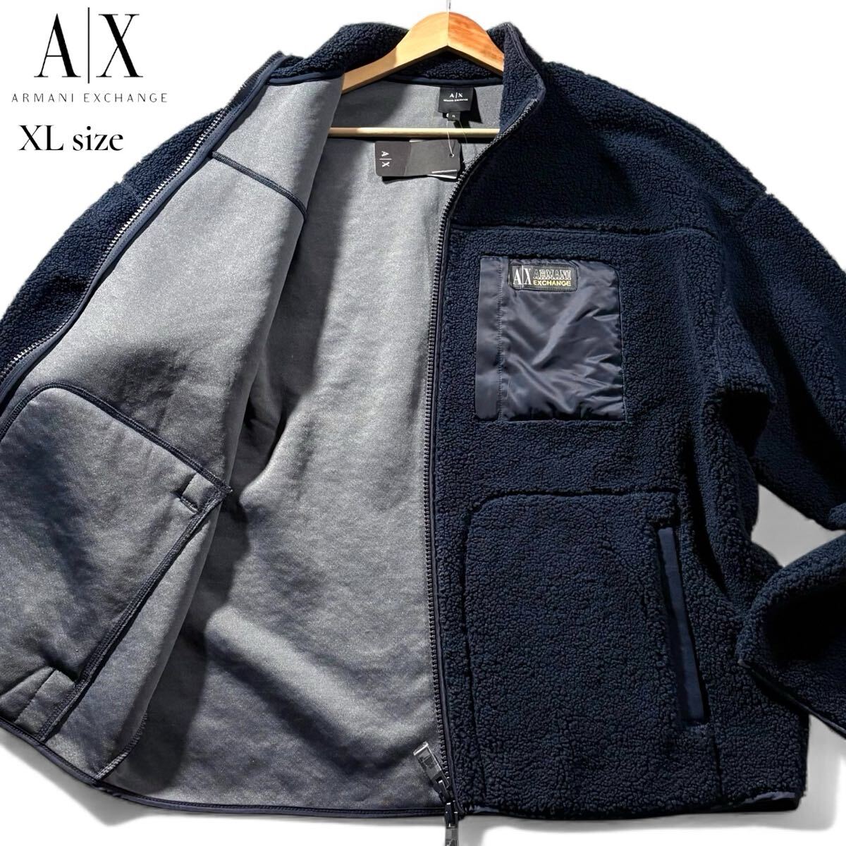 新品タグ付き/XLサイズ●ARMANI EXCHANGE アルマーニ エクスチェンジ ボア フリース ジャケット 起毛 ダブルジップ 胸ロゴタグ ネイビー_画像1