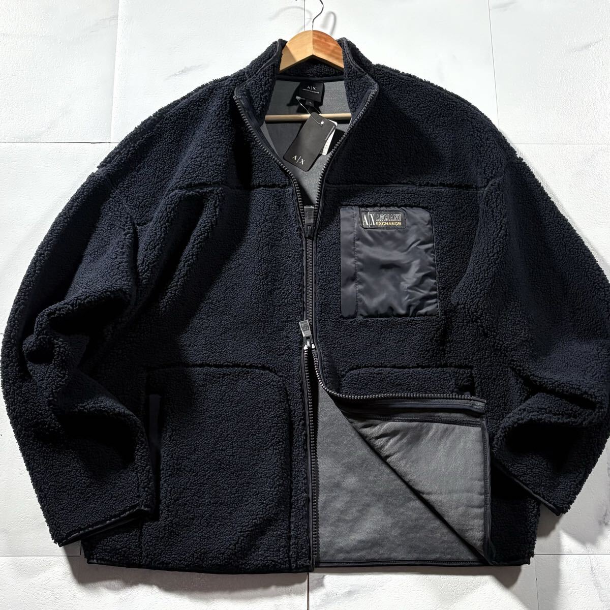 新品タグ付き/XLサイズ●ARMANI EXCHANGE アルマーニ エクスチェンジ ボア フリース ジャケット 起毛 ダブルジップ 胸ロゴタグ ネイビー_画像2
