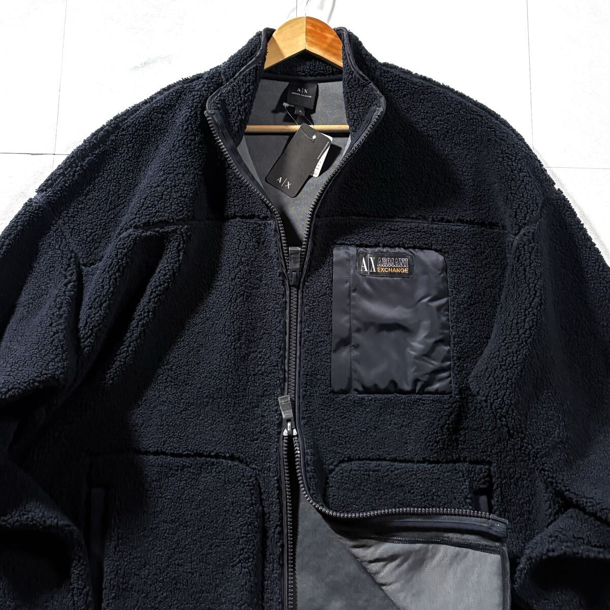 新品タグ付き/XLサイズ●ARMANI EXCHANGE アルマーニ エクスチェンジ ボア フリース ジャケット 起毛 ダブルジップ 胸ロゴタグ ネイビー_画像3