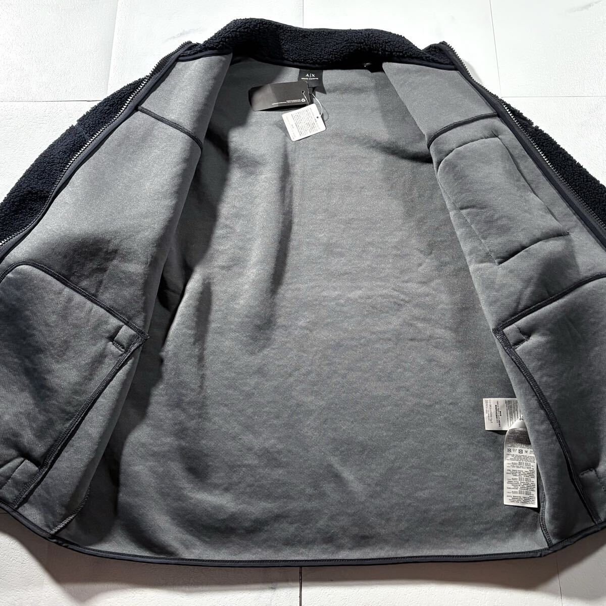 新品タグ付き/XLサイズ●ARMANI EXCHANGE アルマーニ エクスチェンジ ボア フリース ジャケット 起毛 ダブルジップ 胸ロゴタグ ネイビー_画像7