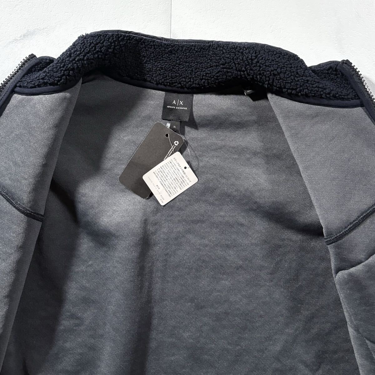 新品タグ付き/XLサイズ●ARMANI EXCHANGE アルマーニ エクスチェンジ ボア フリース ジャケット 起毛 ダブルジップ 胸ロゴタグ ネイビー_画像8