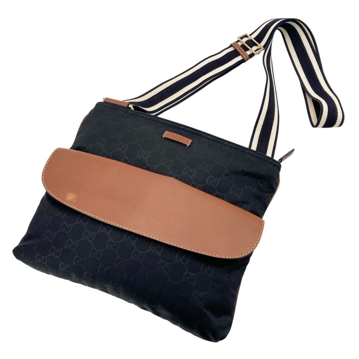 Auth Vintage Gucci 256100 Nylon GG Webbing Line Shoulder Bag Navy ヴィンテージ グッチ ナイロン ウェビングライン ショルダーバッグ_画像1