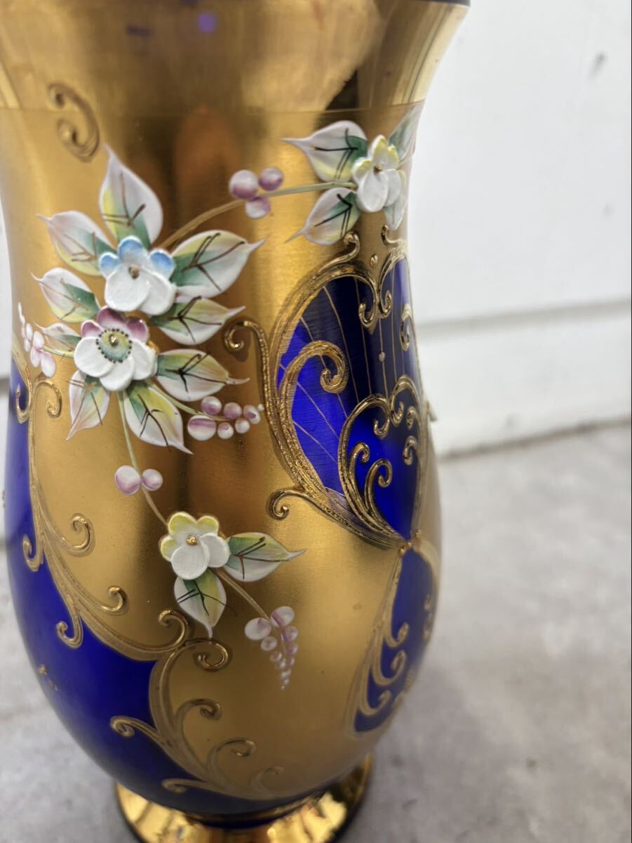 BOHEMIA/ボヘミアガラス 花瓶/ブルー/金彩/花柄/ハンドペイント/花器/フラワーベース　目立った傷、汚れなし　80サイズ_画像7