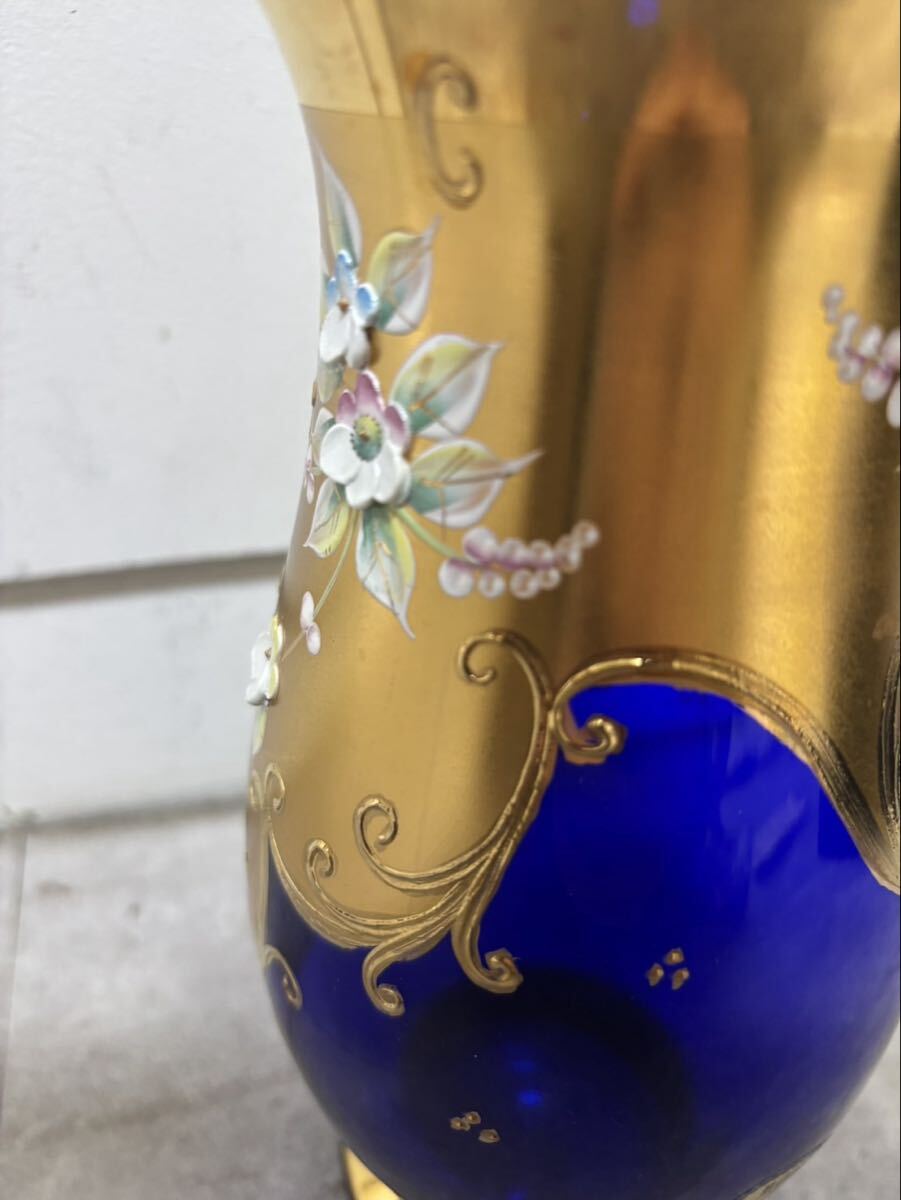 BOHEMIA/ボヘミアガラス 花瓶/ブルー/金彩/花柄/ハンドペイント/花器/フラワーベース　目立った傷、汚れなし　80サイズ_画像8