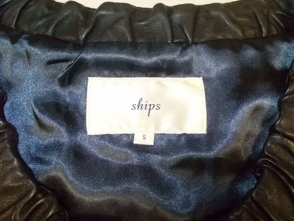 227◆ships ラムレザー ジャケット◆サイズS ブラック ノーカラー シップス 羊革レザーブルゾン レディース 7K_画像5