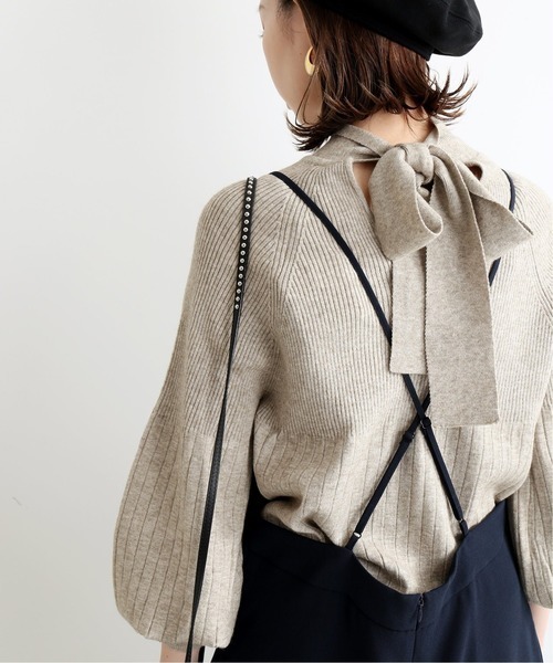 ∞ IENA イエナ TORRAZZO DONNA ボウタイ リブ ニット　アンゴラ フワリ袖　ベージュ　バックリボン　プルオーバー　∞_画像1