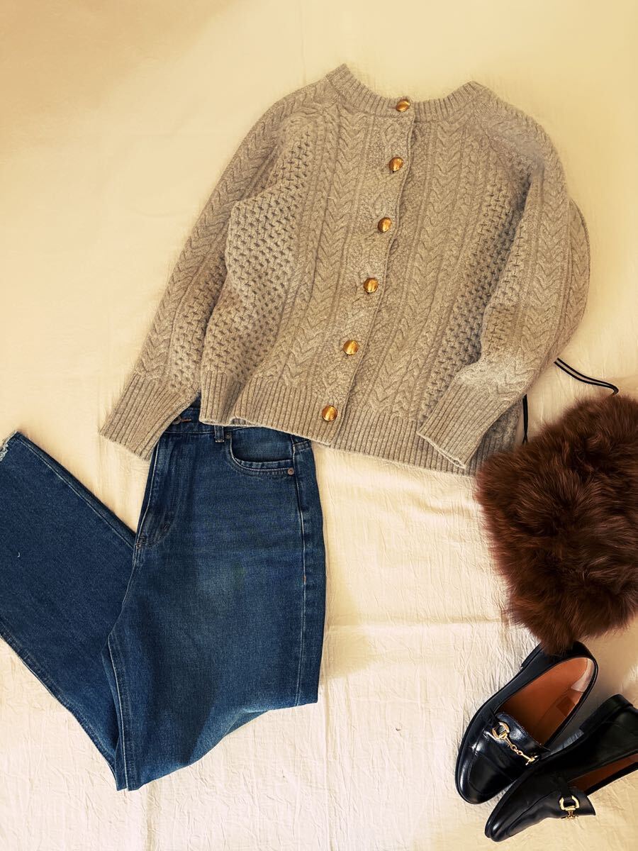 ∞ FRAMeWORK フレームワーク HAMILTON LAMBSWOOL 2way アランBack 開き カーディガン グレー ニット プルオーバー 羽織り ∞_画像7