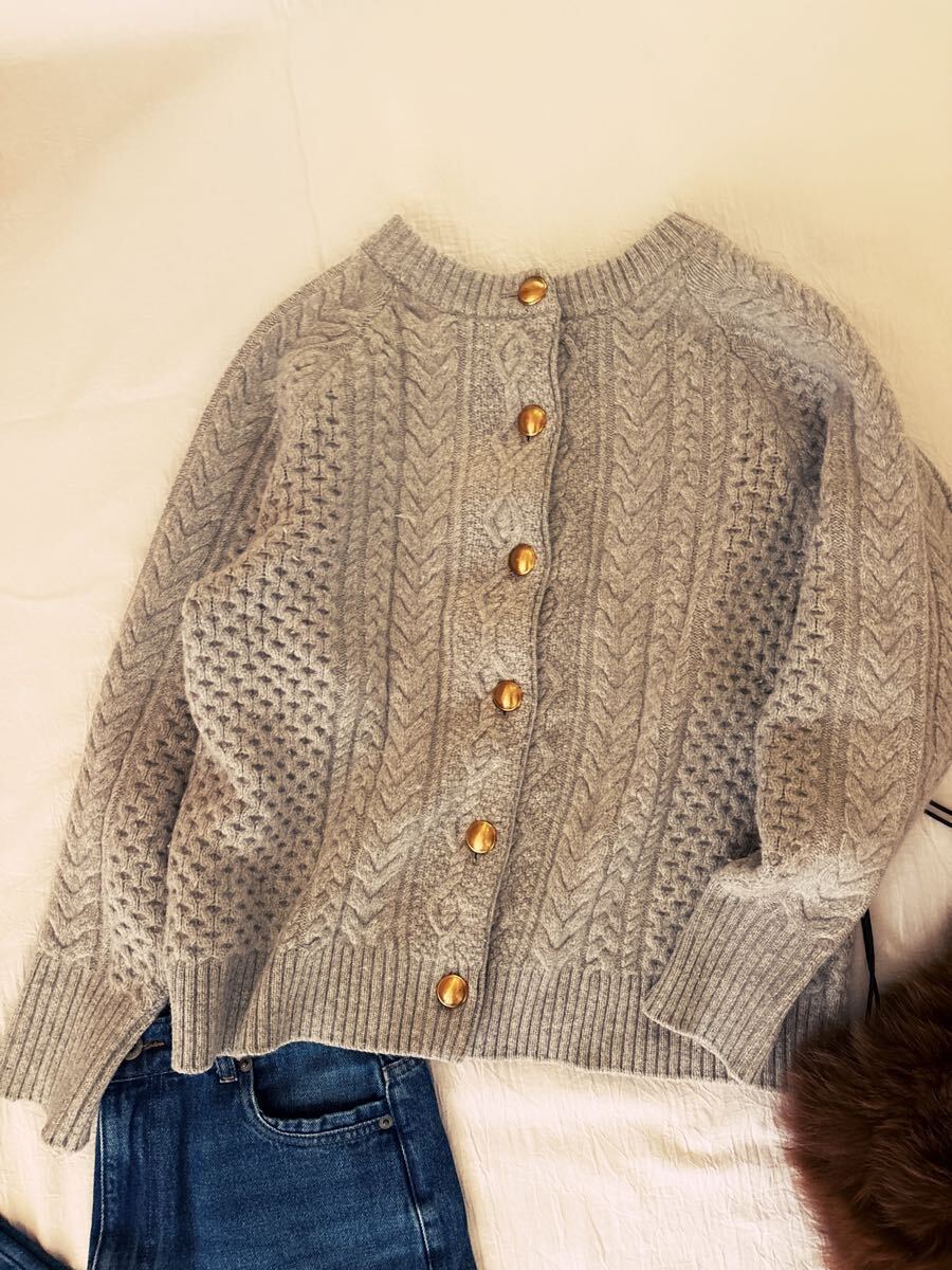 ∞ FRAMeWORK フレームワーク HAMILTON LAMBSWOOL 2way アランBack 開き カーディガン グレー ニット プルオーバー 羽織り ∞_画像9